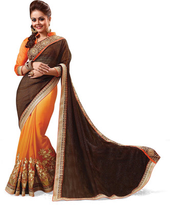 

Ridham Sarees Self Design, Embroidered Bollywood Pure Georgette Saree(Brown, Orange)