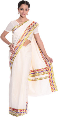 Darps Self Design Balarampuram Cotton Saree(Multicolor), Cream
