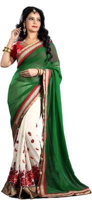 Indian Wear Online Embroidered Fashion Georgette Saree(Green, White)
