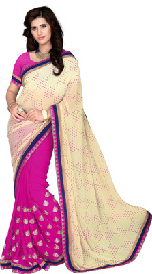 

Khoobee Self Design, Embroidered, Embellished Fashion Jacquard, Chiffon Saree(Beige, Pink)
