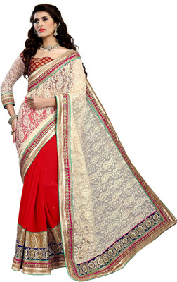 

Khoobee Self Design, Embroidered, Embellished Fashion Georgette, Net Saree(Beige, Red)