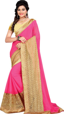 

Khoobee Self Design, Embroidered, Embellished Fashion Chiffon, Net Saree(Beige, Pink)
