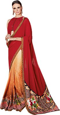 Ishin Embellished Fashion Georgette Saree(Beige), Beige & red