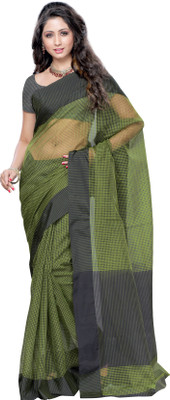 

Mimosa Printed, Checkered Tant Handloom Cotton Saree(Multicolor), Olive