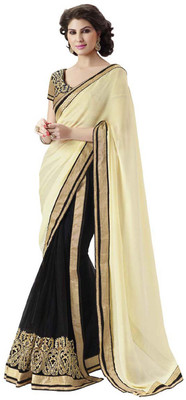 

Desi Butik Embroidered Fashion Jacquard, Net Saree(Beige, Black)