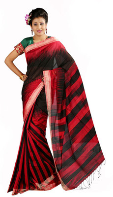 

Hawai Striped Fashion Handloom Cotton Saree(Multicolor), Black-red
