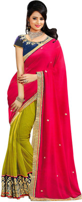 

Indian Wear Online Embroidered Fashion Georgette Saree(Pink, Green), Green;pink