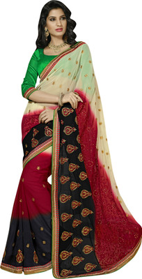 

Khoobee Embellished, Embroidered, Self Design Fashion Georgette Saree(Black, Red, White), Black;cream;red