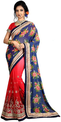 

Shoppershopee Embroidered Bollywood Georgette Saree(Blue, Red), Nevy blue and red