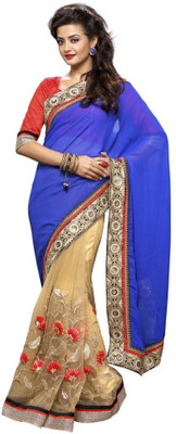 

Chirag Sarees Solid Bollywood Net Saree(Blue, Beige), Beige;blue