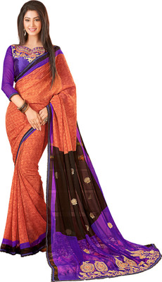 

Jiya Self Design, Embroidered Fashion Chiffon Saree(Pink, Purple, Brown), Brown;pink;purple