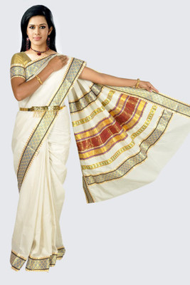 Fashionkiosks Self Design Balarampuram Handloom Cotton Saree(Multicolor), Cream