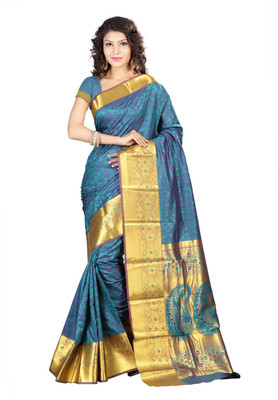 

Varkala Silk Sarees Woven Kanjivaram Silk Saree(Blue), Rama