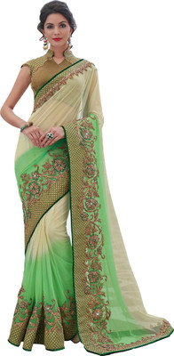 

Jiya Self Design, Embroidered, Embellished Fashion Net Saree(Dark Green, Beige), Beige;dark green