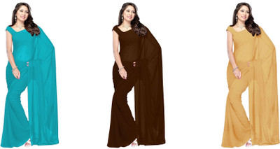 

Lovely Look Solid Daily Wear Georgette Saree(Pack of 3, Blue, Brown, Beige), Sky blue & brown & beige
