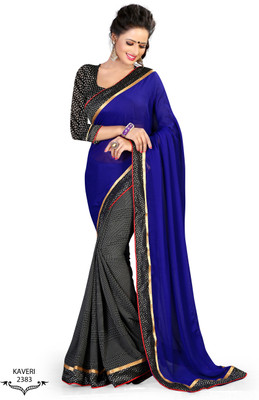 

Indianbeauty Self Design Bollywood Pure Chiffon Saree(Blue, Black), Black;blue