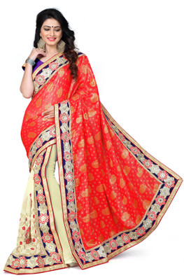 

Khoobee Self Design, Embroidered, Embellished Fashion Georgette, Jacquard Saree(Red, Beige), Beige;red