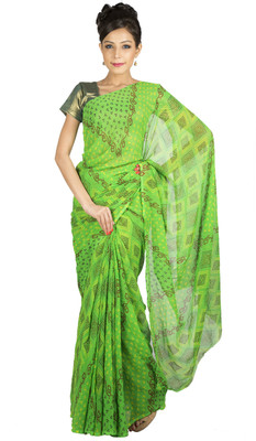 

Jaipur Kurti Printed Bandhej Georgette Saree(Green), Parrot green