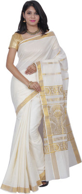 

Fashionkiosks Solid Fashion Handloom Cotton Saree(White), White gold
