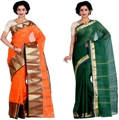 

Purabi Woven Tangail Cotton Saree(Pack of 2, Orange, Green), Green;orange
