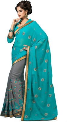 

Khoobee Self Design, Embroidered Fashion Georgette, Chiffon Saree(Light Blue, Grey), Grey;light blue