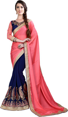 Manthan Embroidered Daily Wear Georgette, Chiffon Saree(Pink, Blue), Peach & blue