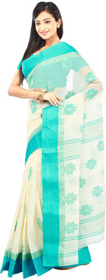 

Crochetin Woven Tant Handloom Cotton Linen Blend Saree(White, Light Blue), White and turquoise