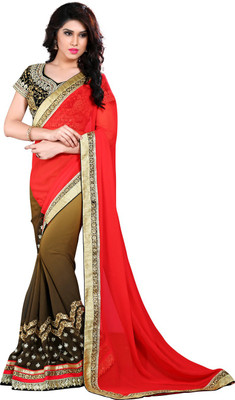 

Saara Embroidered Fashion Georgette Saree(Red, Green), Red & mehndi green