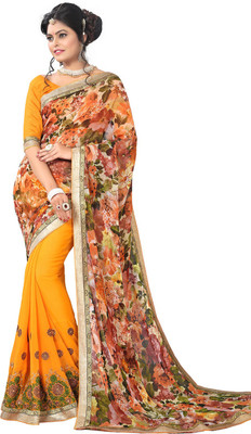 

Saara Floral Print, Solid, Plain, Embroidered Fashion Georgette Saree(Yellow), Peach and yellow