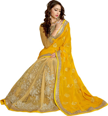 

Khushali Self Design, Embroidered Fashion Net Saree(Yellow, Beige), Beige;yellow
