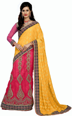 

Khoobee Self Design, Embroidered, Embellished Fashion Net Saree(Pink, Yellow, Beige), Beige;pink;yellow
