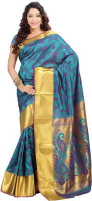 

Varkala Silk Sarees Woven Kanjivaram Jacquard Saree(Green), Light green;purple