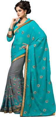 

Manthan Embroidered Daily Wear Chiffon Saree(Grey, Blue), Grey & sky blue
