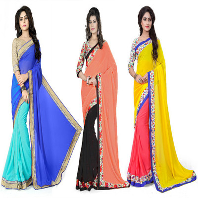 

Omkarcreation Solid Bollywood Georgette Saree(Pack of 3, Multicolor)
