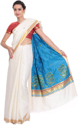 Darps Self Design Balarampuram Cotton Saree(Multicolor), Cream
