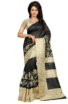 

Kalika Printed Bhagalpuri Cotton Saree(Black, Beige)