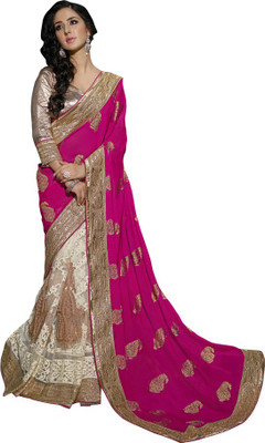 

Parisha Embroidered Fashion Net, Satin, Viscose Saree(Pink, White)