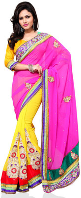 

Khoobee Self Design, Embroidered Fashion Chiffon Saree(Pink, Yellow)
