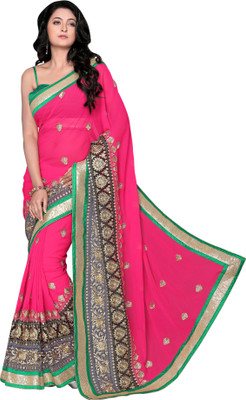 

Khoobee Self Design, Embroidered, Embellished Fashion Georgette Saree(Pink, Grey, Black), Black;grey;pink