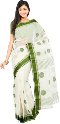 

Crochetin Woven Tant Handloom Cotton Saree(White, Green), Green;white