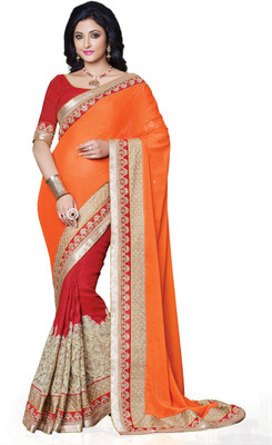 

Saara Self Design, Solid Fashion Chiffon Saree(Red, Orange), Orange;red