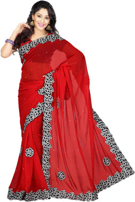 

Desi Butik Embroidered Fashion Art Silk Saree(Red, Silver)