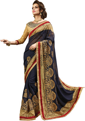

Saara Embroidered Fashion Net Saree(Blue, Yellow), Navy blue