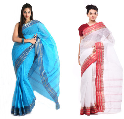 Purabi Woven Tant Handloom Cotton Saree(Pack of 2, Blue, White)
