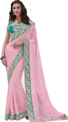 

Khushali Self Design, Embroidered, Embellished Fashion Chiffon Saree(Pink, Light Blue), Light blue;pink