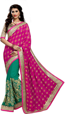 

Khushali Self Design, Embroidered, Embellished Fashion Georgette, Jacquard Saree(Pink, Green, Beige), Beige;green;pink