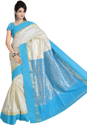 

JagannathSaree Self Design Fashion Silk Saree(White, Blue), Blue;white