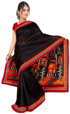 Jiya Self Design, Printed Fashion Silk Saree(Black, Orange)