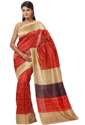 

JTInternational Printed Bhagalpuri Silk Saree(Red, Beige), Beige;red