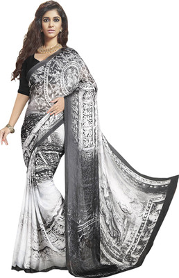 

Ishin Printed Fashion Satin Saree(Black), Black & white